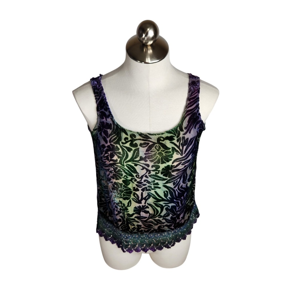 Navajo Velvet Tank Top Small Green Purple Burnout Crushed Velvet Lace Trim Fairy